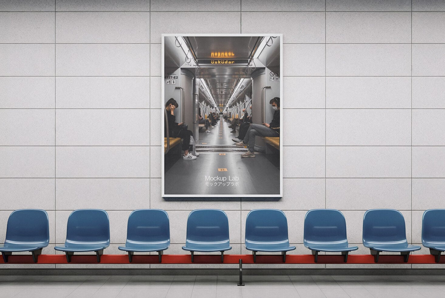 Framed poster on wall showing crowded subway car interior with Mockup Lab credit