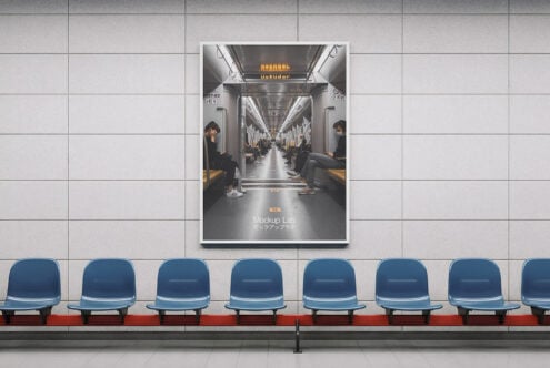 Framed poster on wall showing crowded subway car interior with Mockup Lab credit