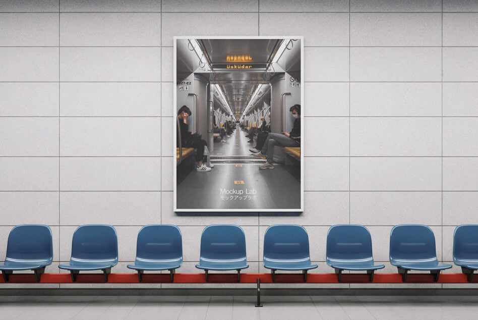 Framed poster on wall showing crowded subway car interior with Mockup Lab credit
