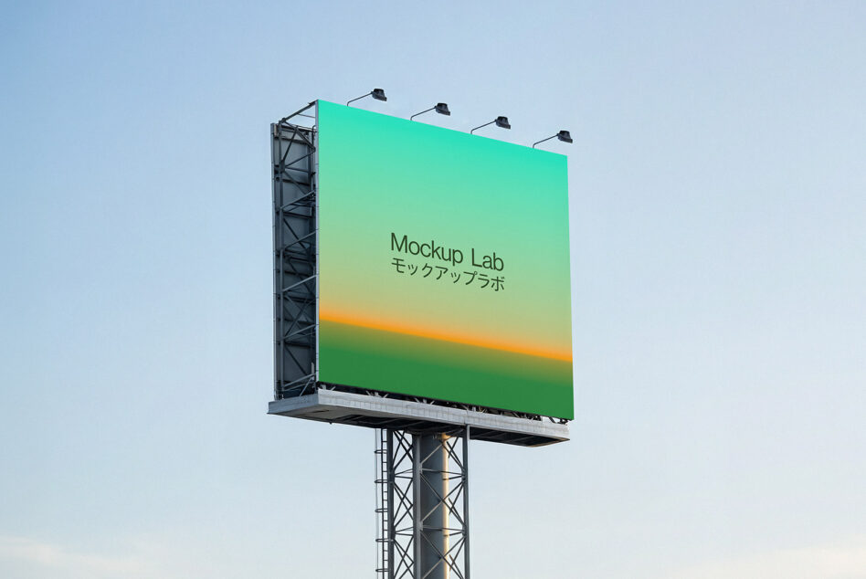 Tall billboard with gradient from turquoise to orange with four mounted lights