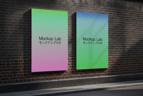 Two vibrant posters on brick wall, one gradient pink-green, one solid bright green