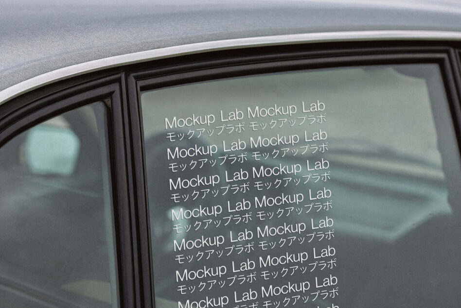 Vehicle window decal mockup showing repeating text pattern on tinted glass