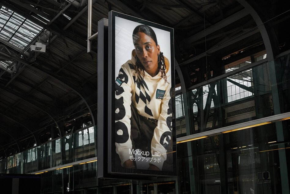 Portrait photo of person on vertical metal sign in warehouse space
