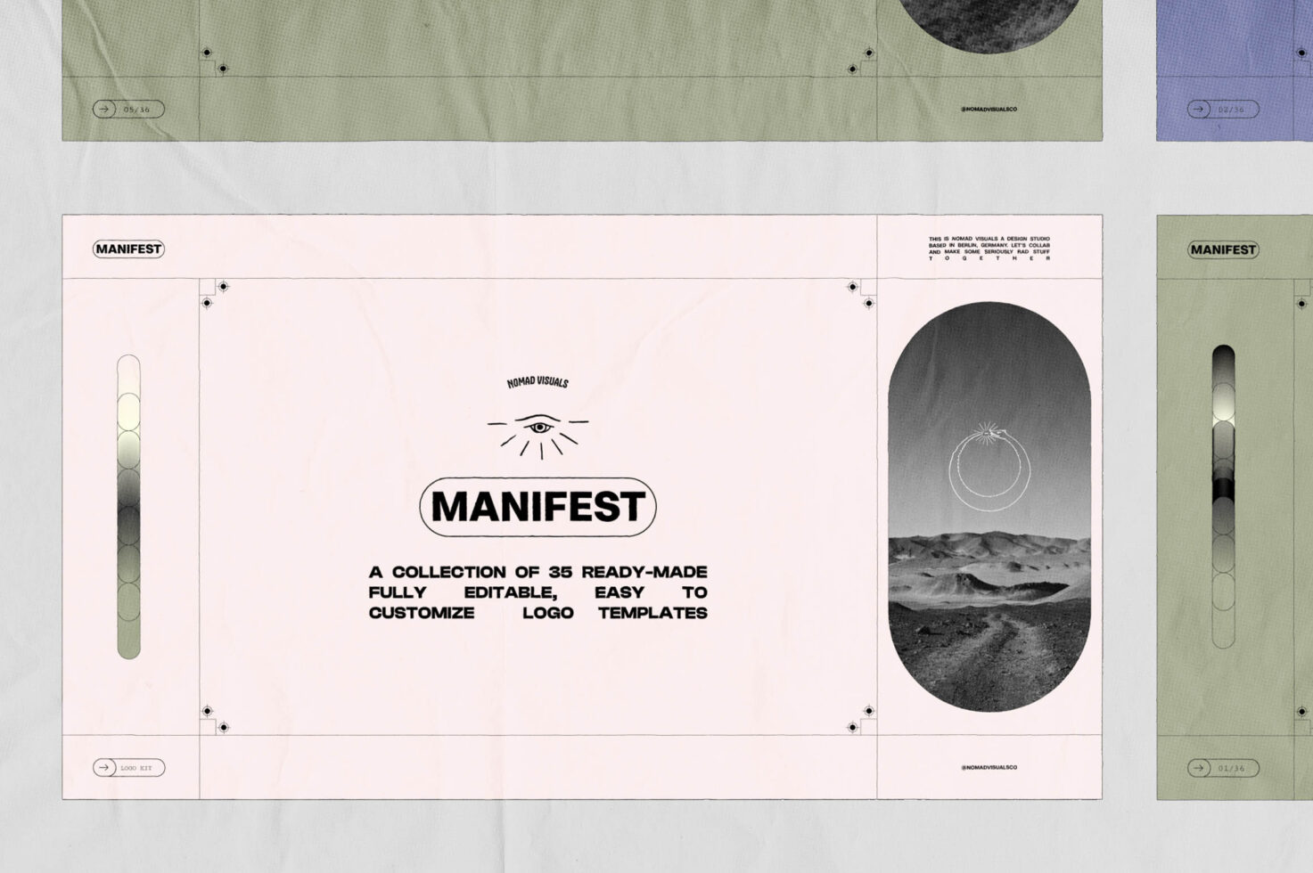 Spread of poster mockup showing 35 logo templates with eye symbol, landscape photo