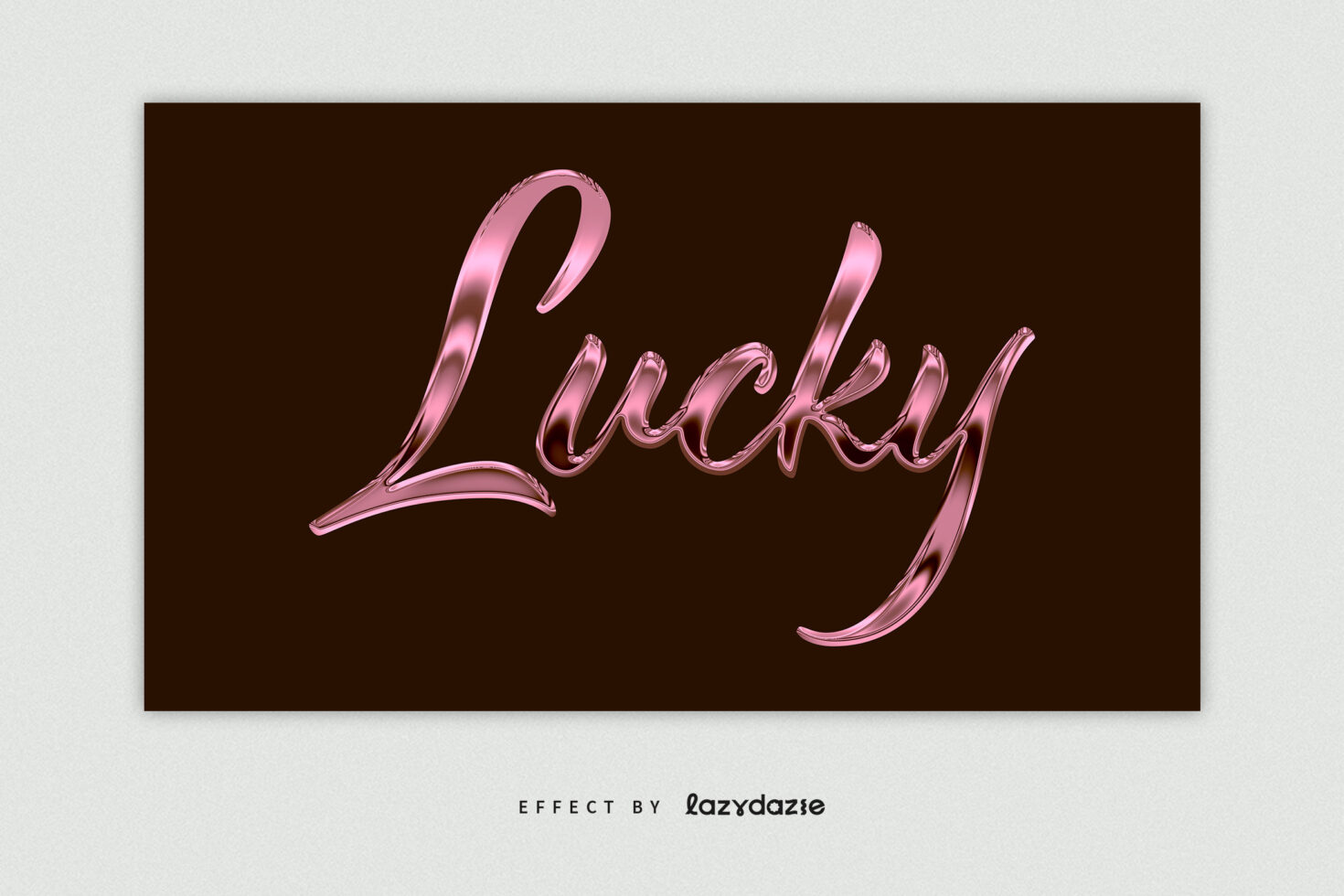 Lucky in flowing pink metallic script on dark brown background