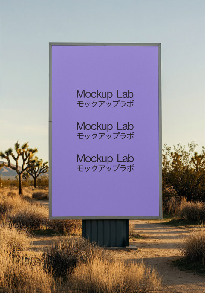 Desert billboard with purple background, three text blocks, Joshua trees