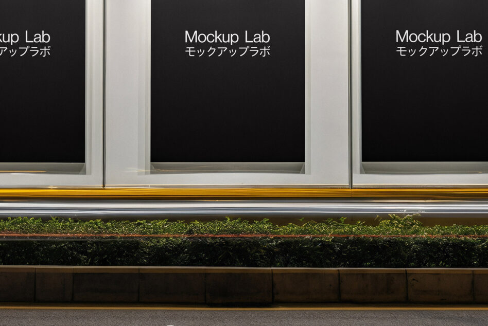 Three storefront windows with black screens, plants below, yellow trim