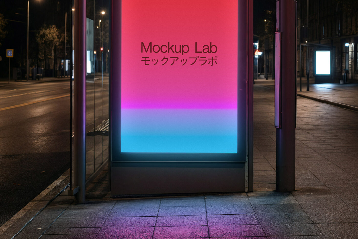 Nighttime street scene with illuminated bus shelter displaying gradient pink to blue screen