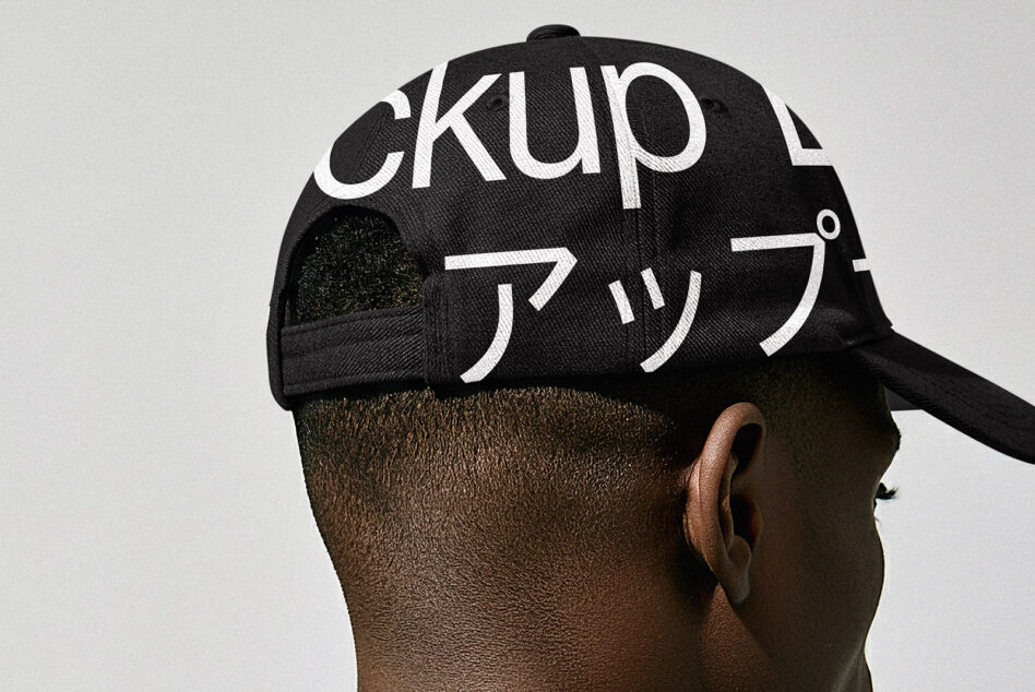 Black baseball cap back view with large white text mockup on fabric