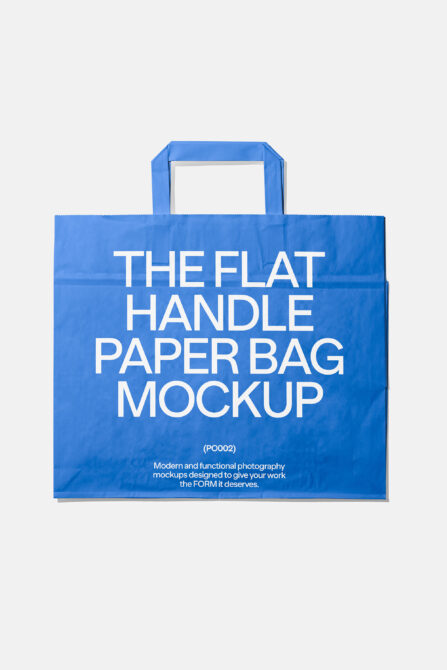 Bright blue flat handle paper bag mockup with white carrying straps visible