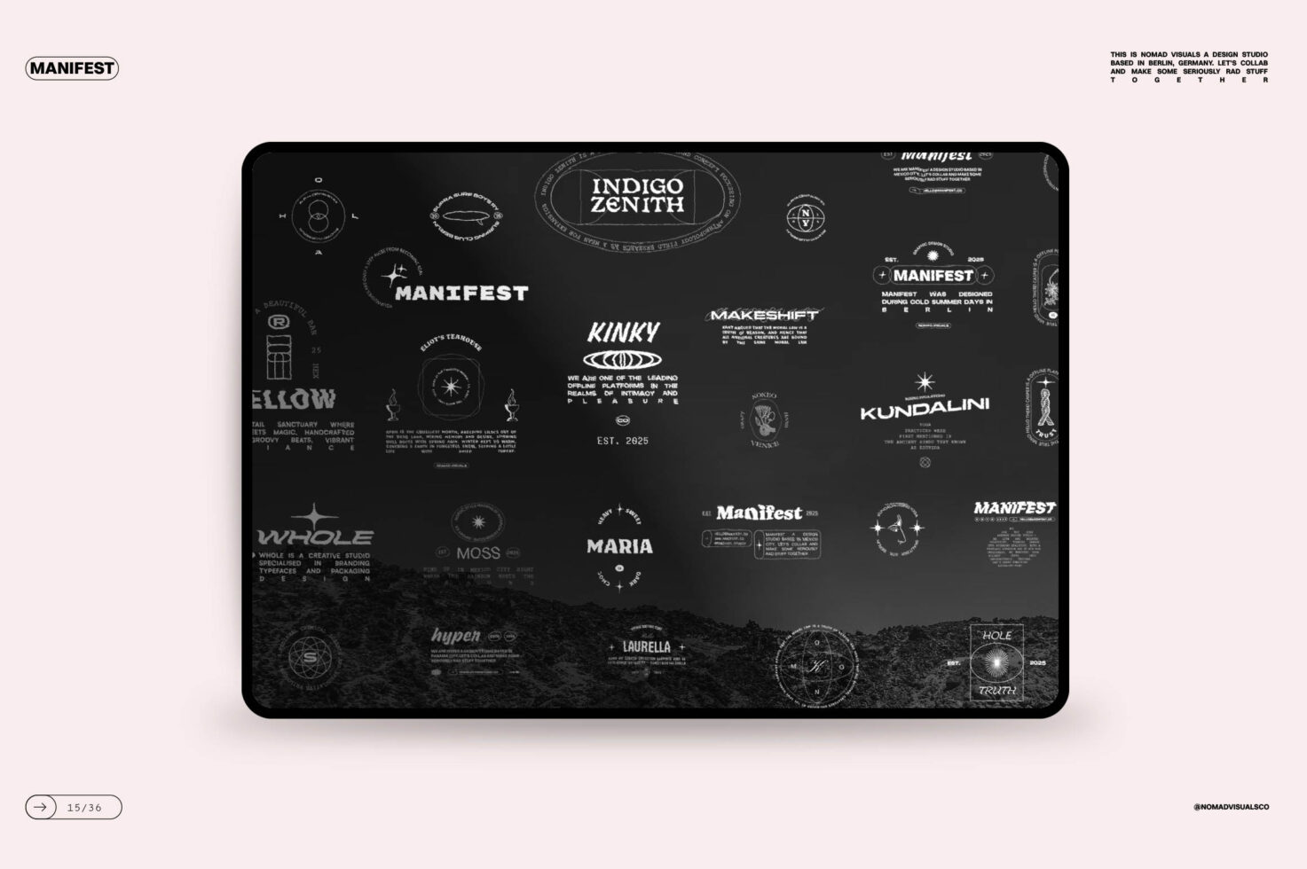 Laptop mockup displaying dark interface with scattered brand logos, text overlay