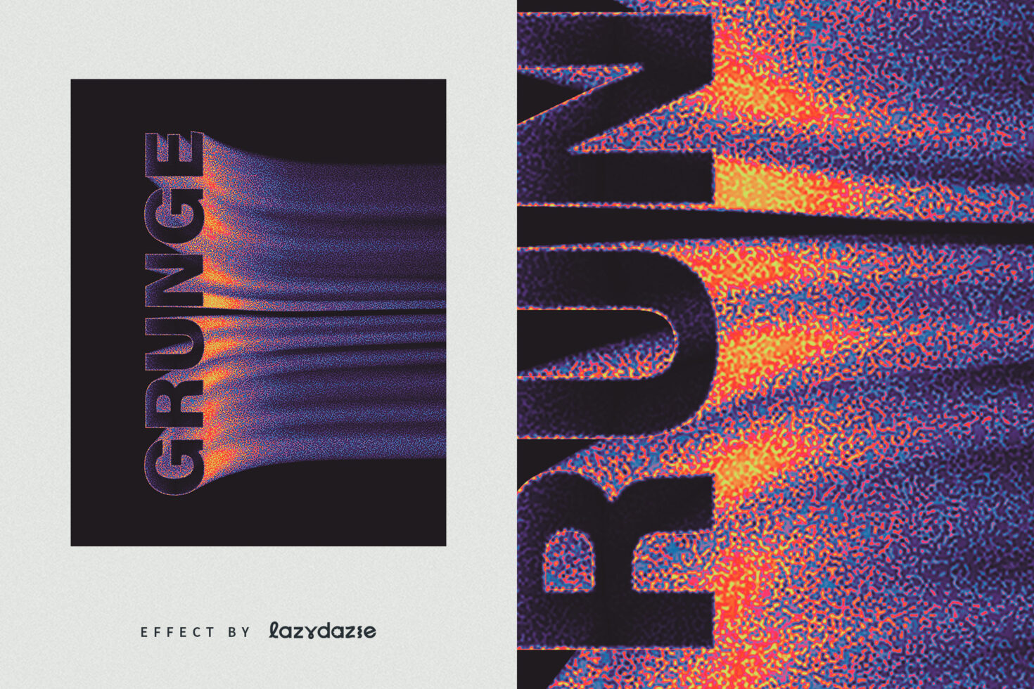 GRUNGE text vertically positioned with colorful noise grain dissolving effect