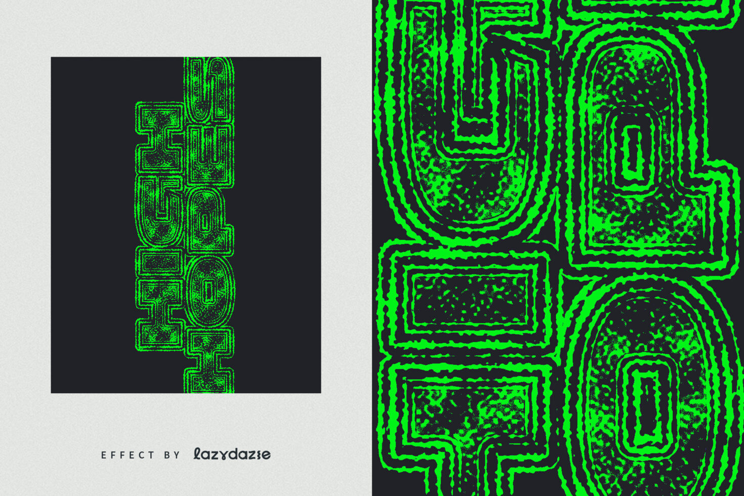 Green neon maze letters stacked vertically, grainy circuit board texture