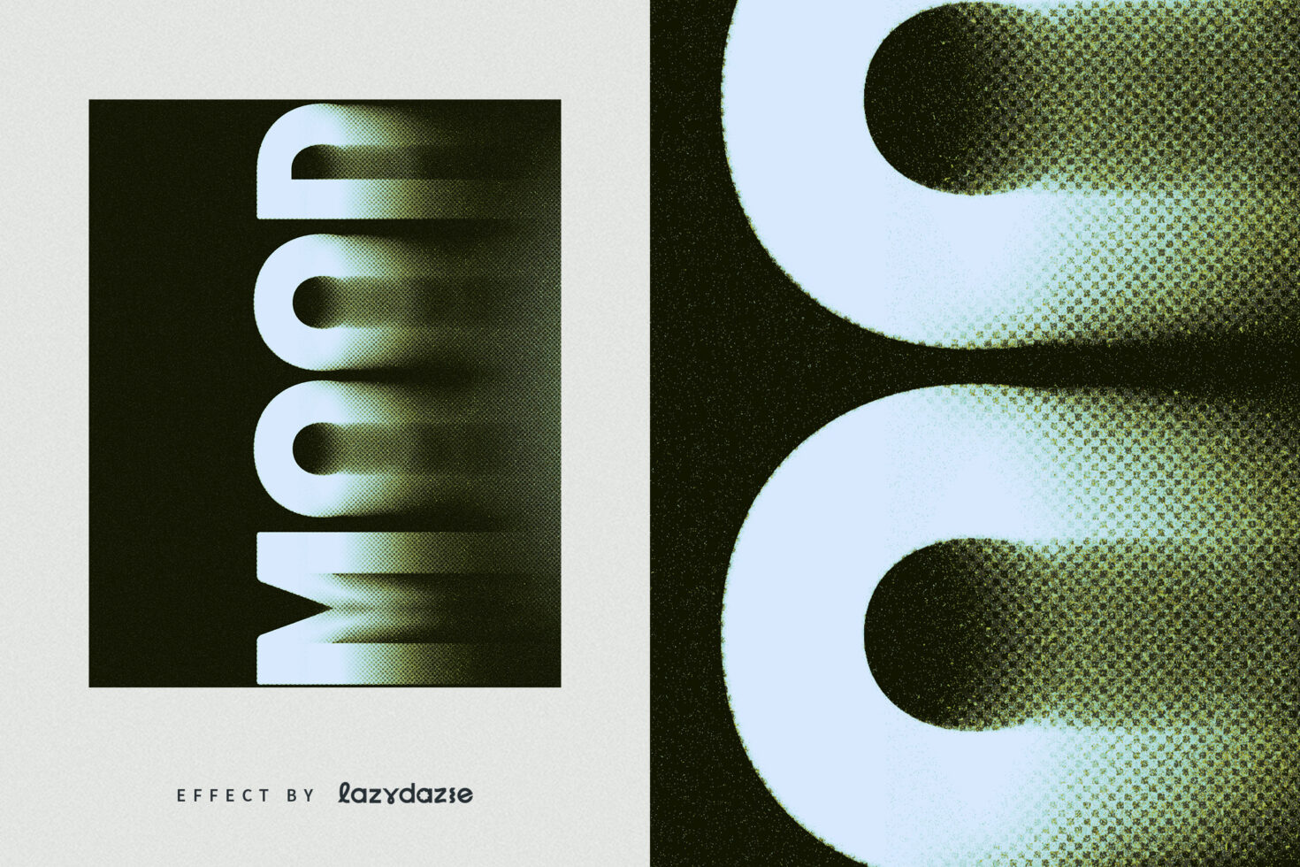 Abstract light shapes with green gradient cutouts forming geometric letter forms