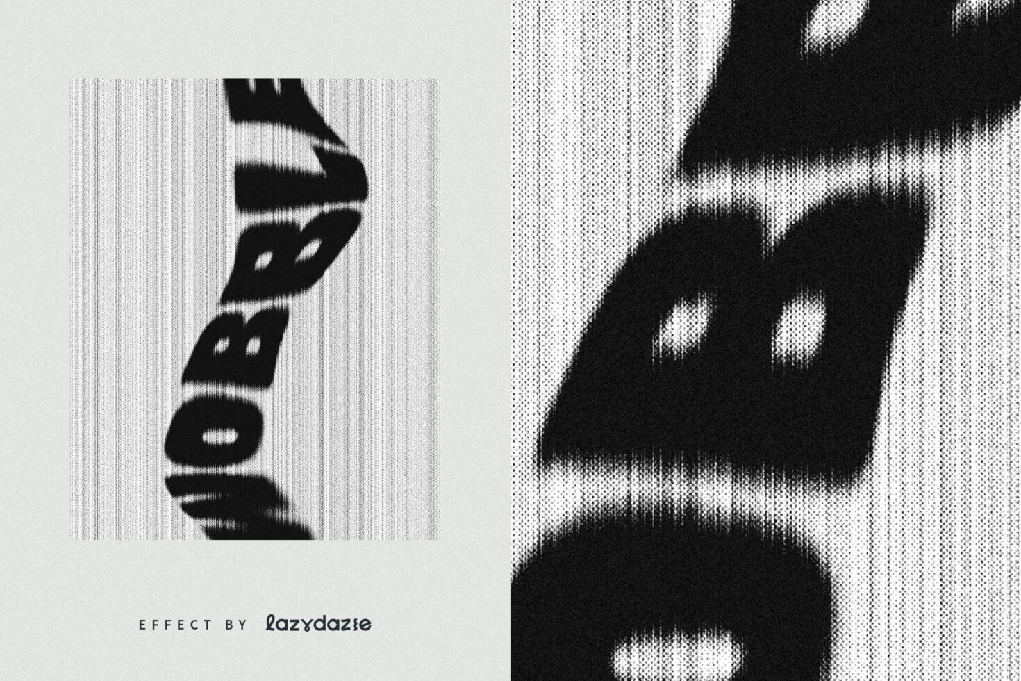Distorted word with scan line effect, left side striped, right side pixelated halftone