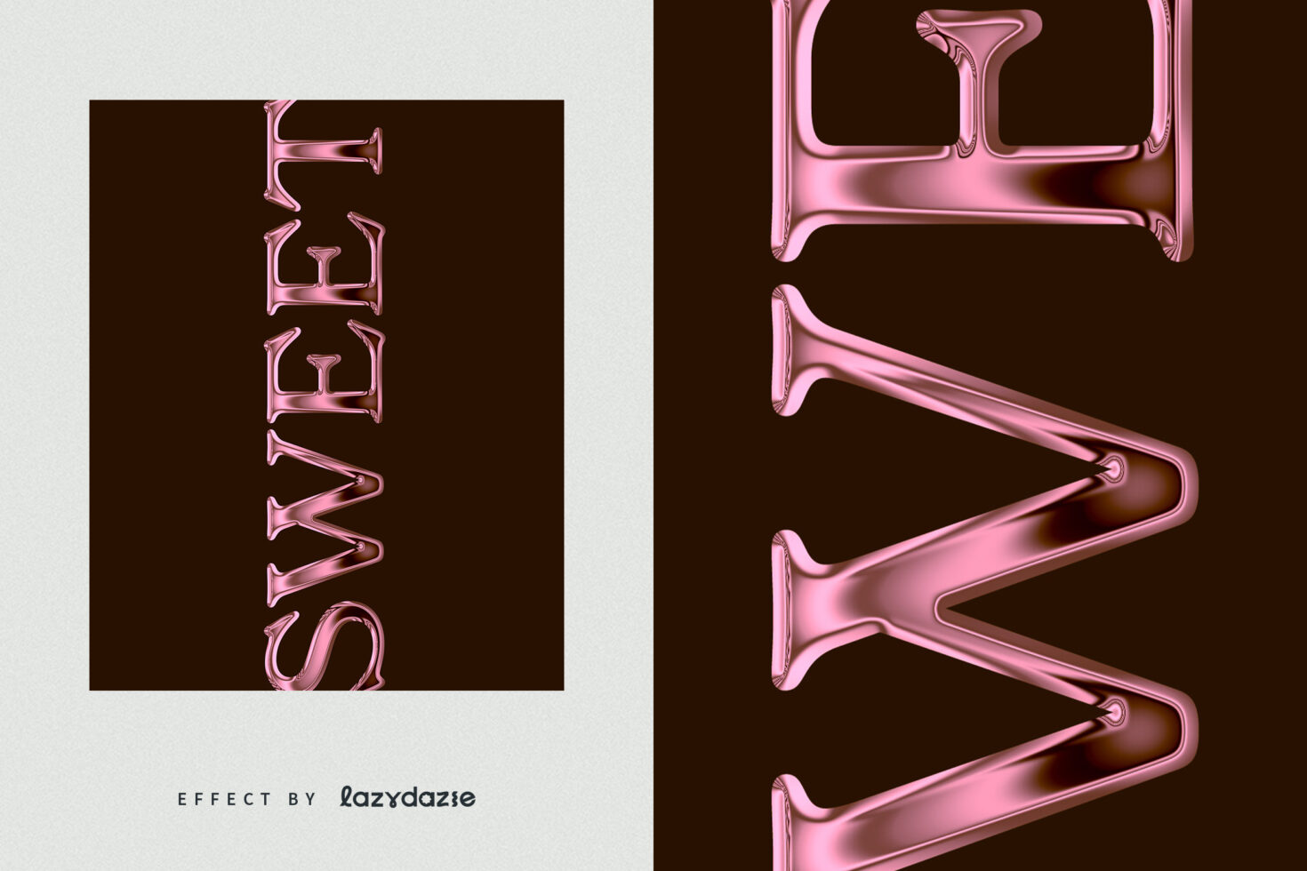 Vertical rose gold metallic text with gloss finish letter details shown
