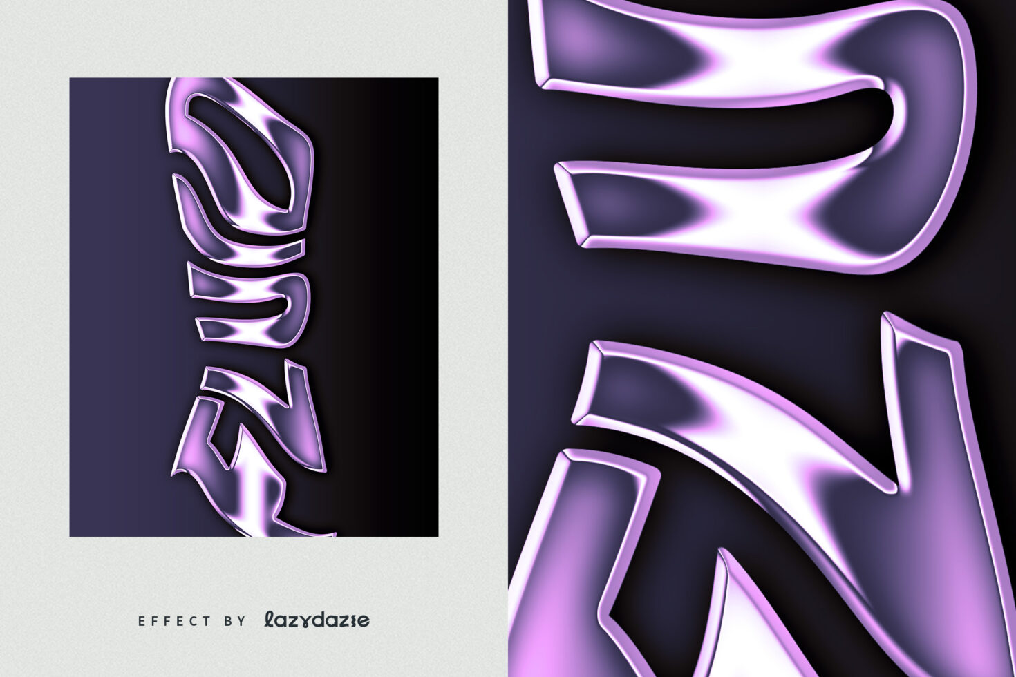 Glowing purple neon letters with chrome outline on dark background