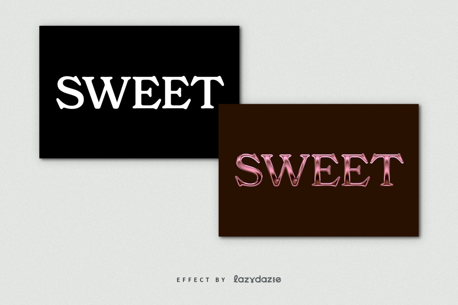 Two overlapping boxes showing metallic pink text treatment variations