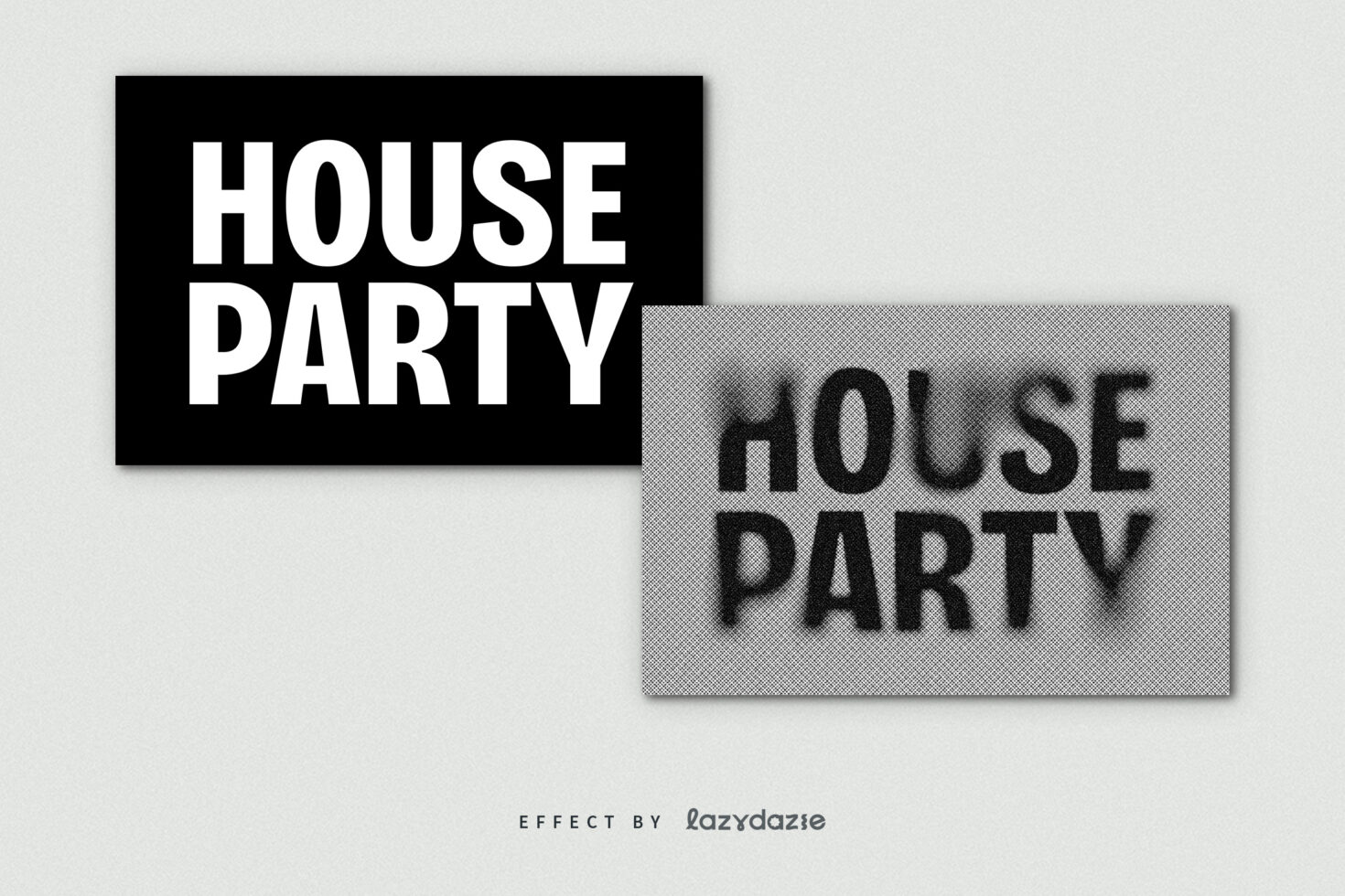 HOUSE PARTY two overlapping text blocks black on white layout