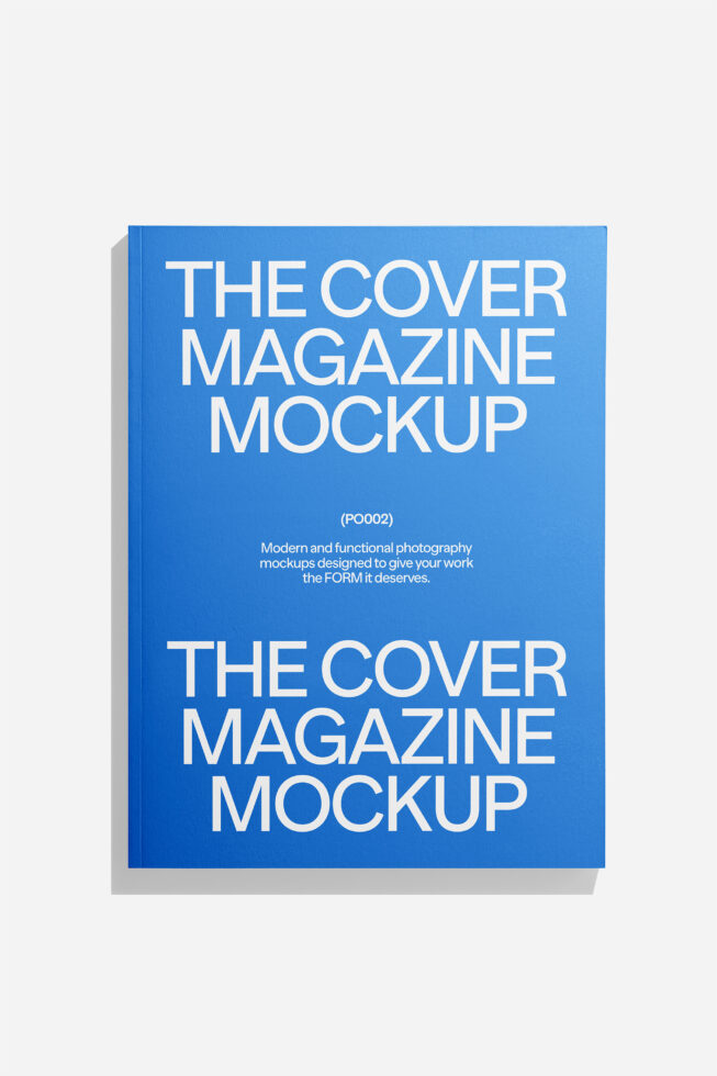 Magazine cover mockup showing front facing blue covers with bold white text