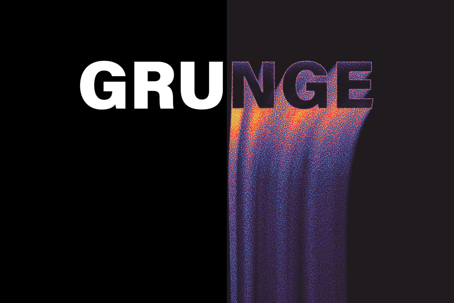 White bold text with glitchy colorful noise texture overlay right side