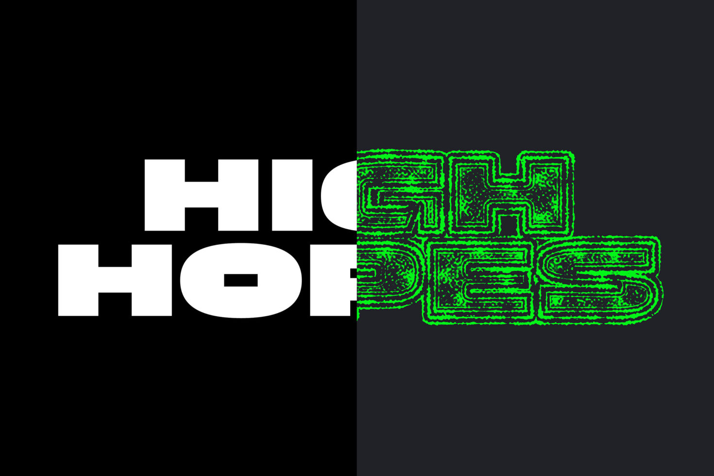 Split design with white Hi Hop text left side, green circuit maze right