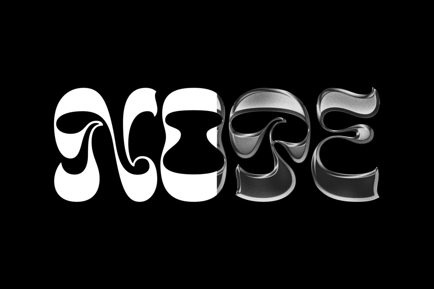 GREASE typeface transitioning from white to metallic silver, bold curves