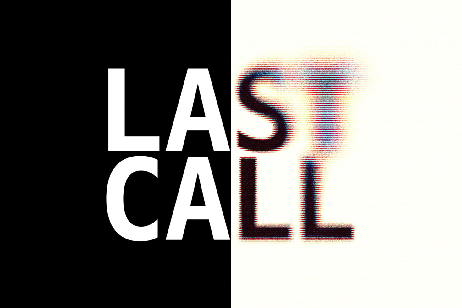 Split screen with solid white text left, rainbow glitch effect right