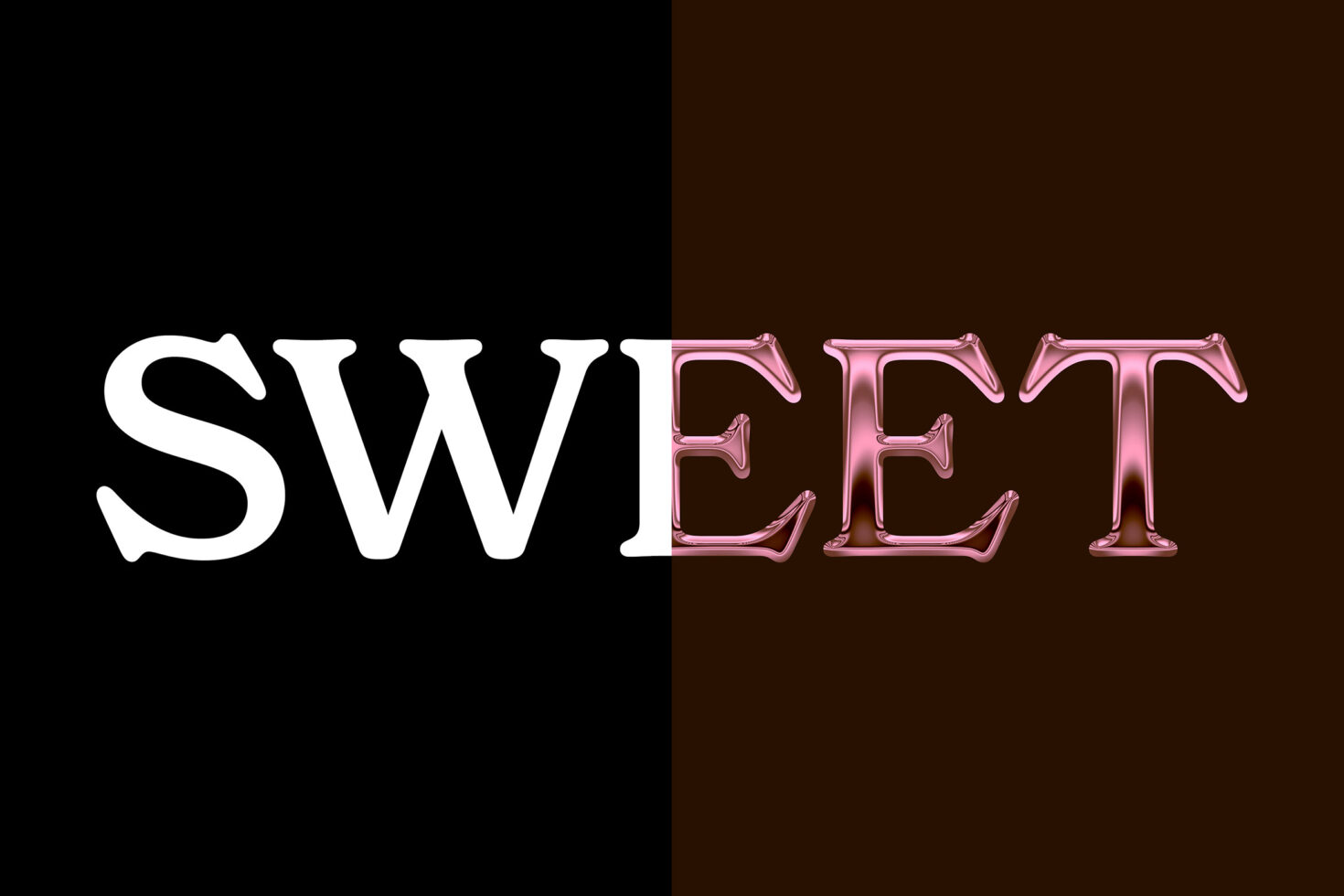 Split layout with white sans-serif text left, pink metallic letters right