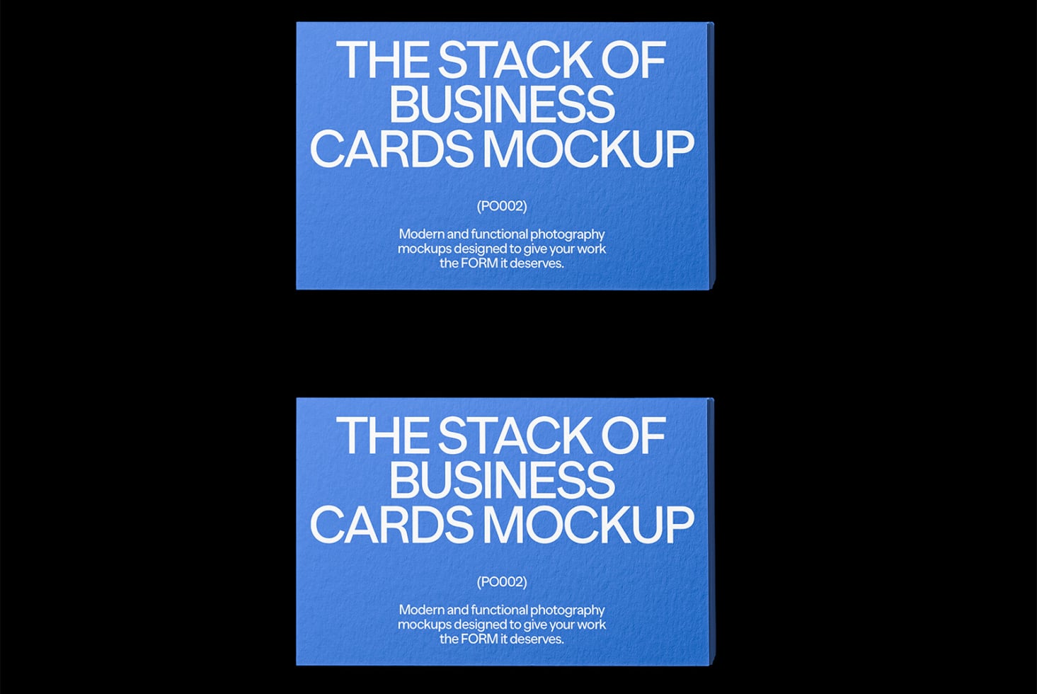 Business card stacks displayed on black background, blue covers with white typography showing mockup text