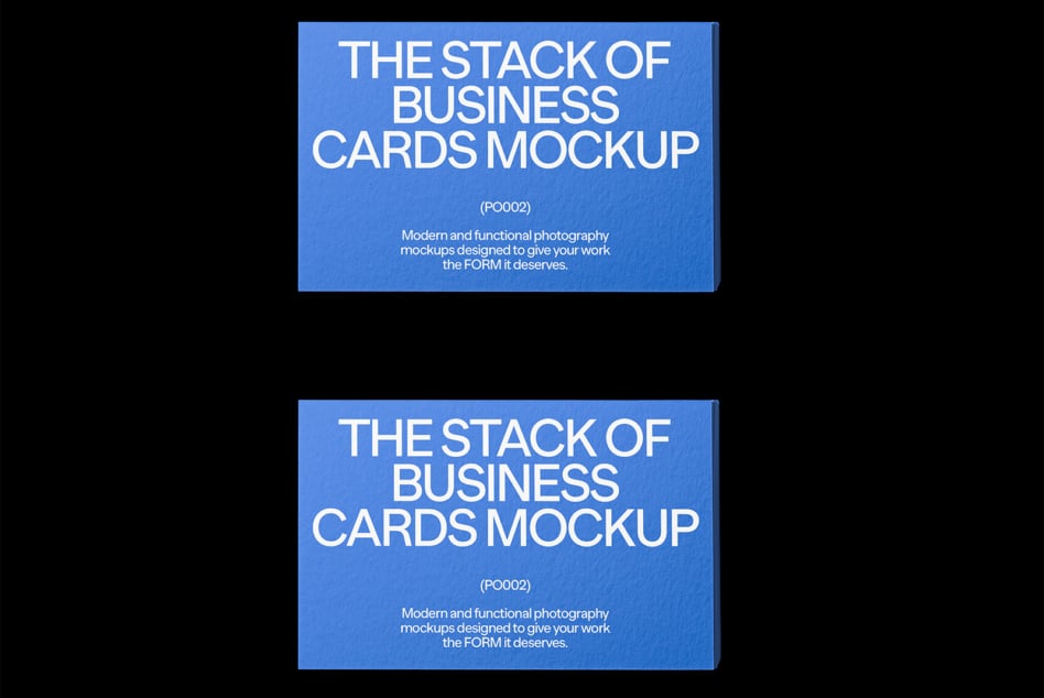 Business card stacks displayed on black background, blue covers with white typography showing mockup text