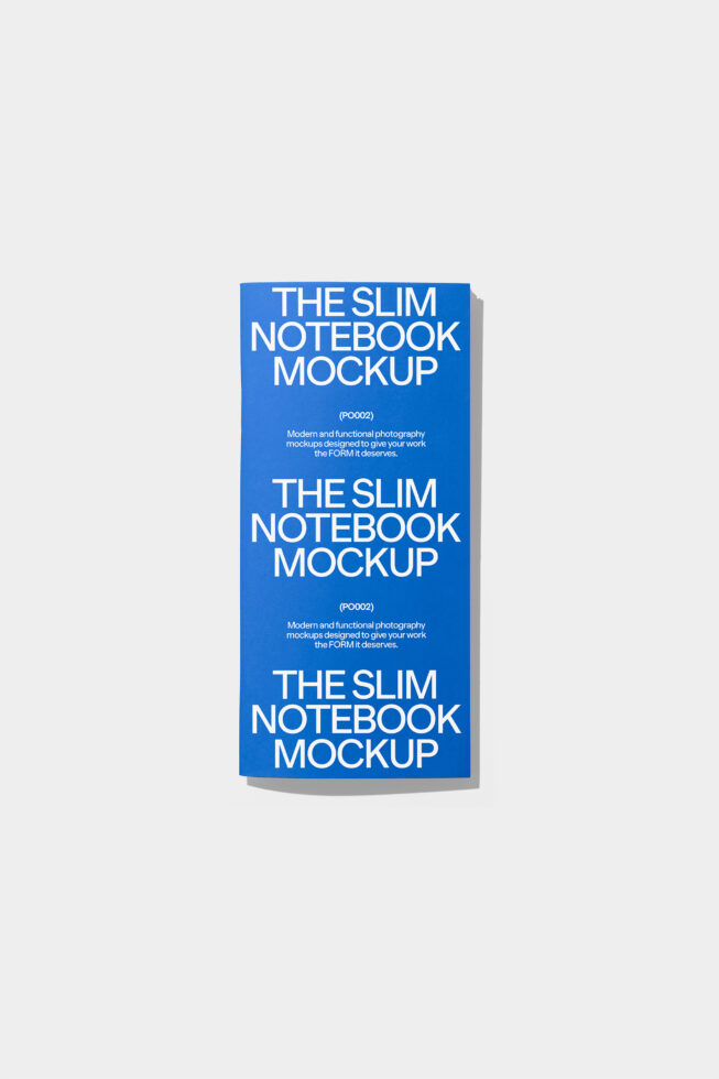 Stacked slim notebook mockup showing three blue covers fanned out with shadow depth effect