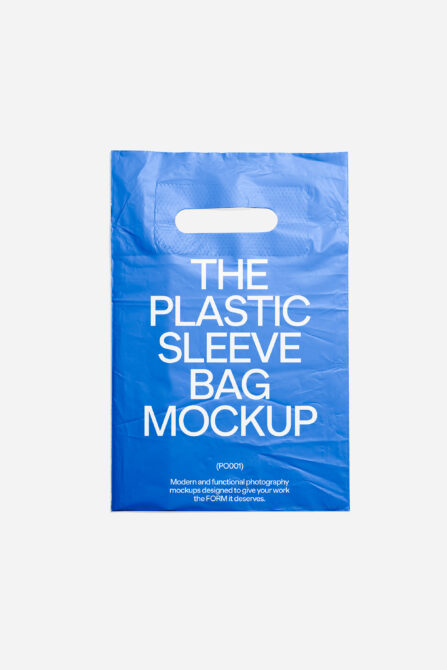 Bright blue plastic sleeve bag with white die-cut handles, text overlay reads THE PLASTIC SLEEVE BAG MOCKUP