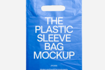 Blue plastic carrying bag mockup with white rounded die-cut handles, bold white typography displayed