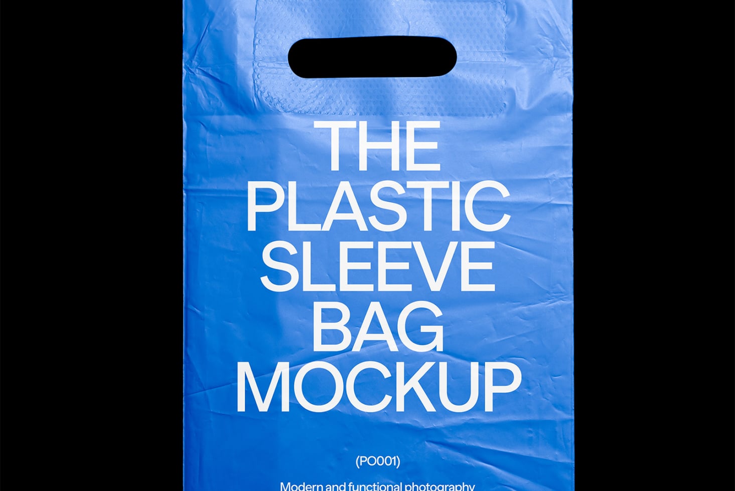Blue plastic bag mockup with black die-cut handles, large white text centered on bright blue background