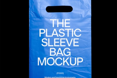 Blue plastic bag mockup with black die-cut handles, large white text centered on bright blue background