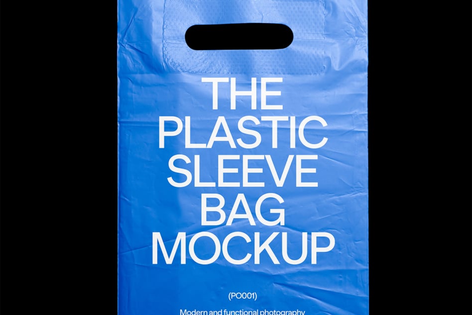 Blue plastic bag mockup with black die-cut handles, large white text centered on bright blue background