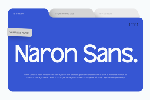 Naron Sans font cover sheet on blue background showing name, credits, variable font badge
