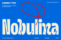 Zarma Type experimental display typeface sample on bright blue with red graphic elements
