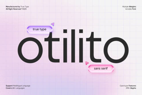 Otilito sans serif font large title with neon pink purple labels on light grid background