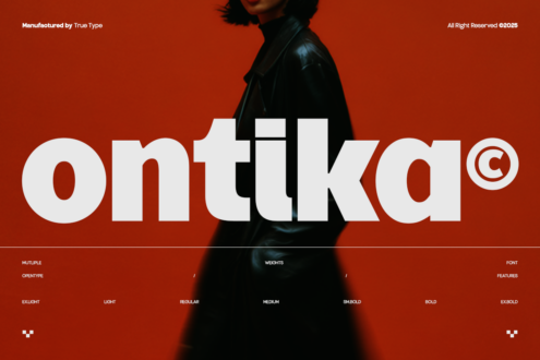 Ontika typeface display in white on rust red background with model