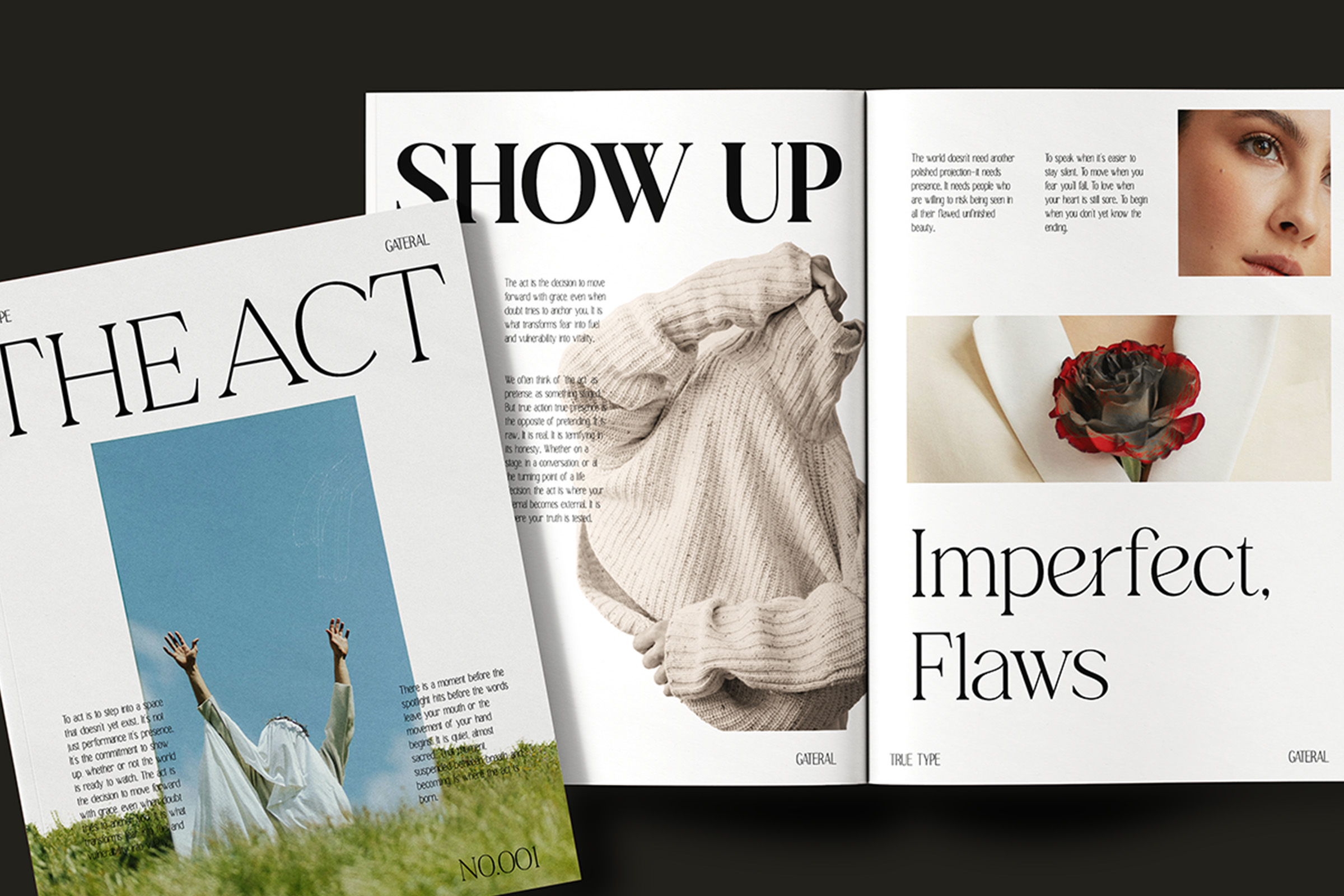 Magazine spread layout with bold headlines, figure photography, detailed typography samples