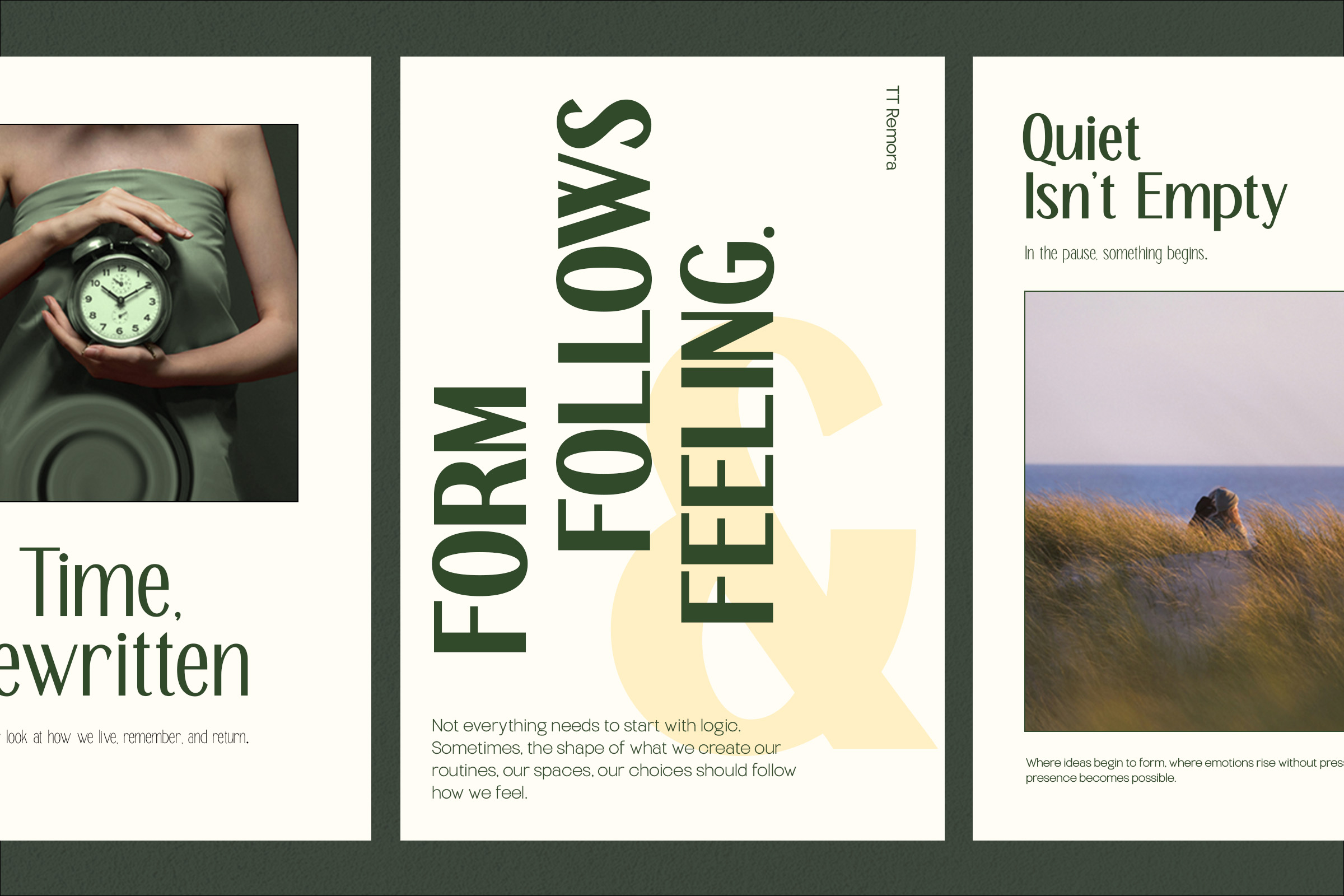 Three book covers featuring Remora font with nature photography clock image ocean landscape