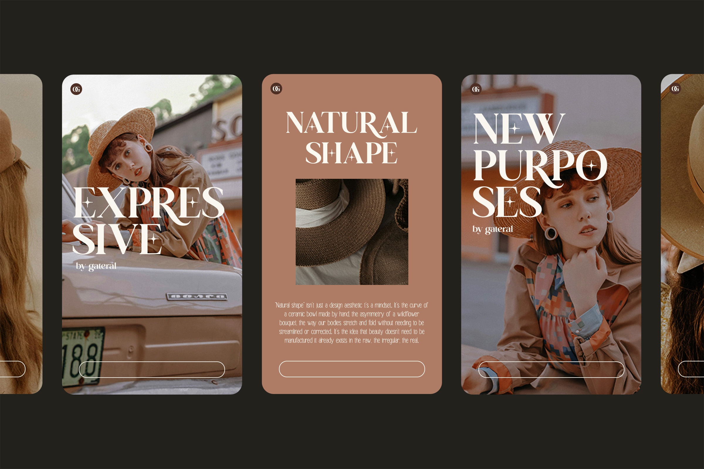 Mobile app card mockups in warm tones featuring woman in straw hat, natural design imagery