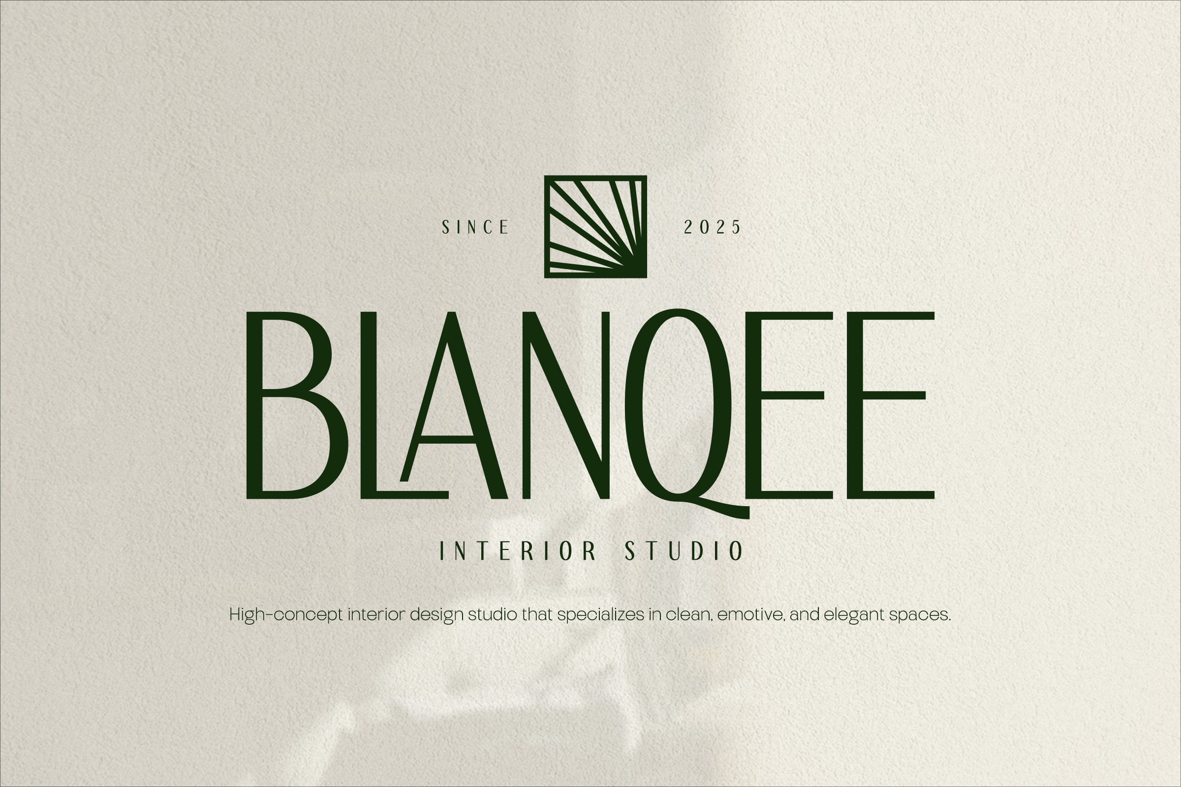 Blanquee Interior Studio logo with fan icon on cream paper background branding mockup