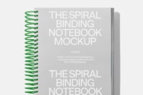 Spiral-bound notebook mockup on light gray background with green binding