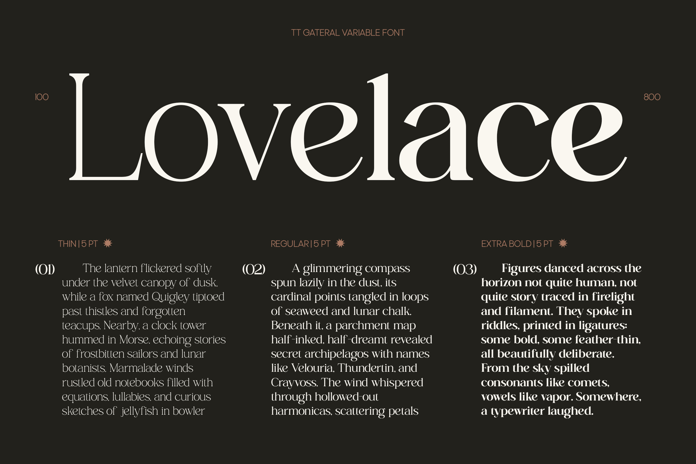 TT Gatedral variable font display showing Lovelace word in multiple weights with sample text