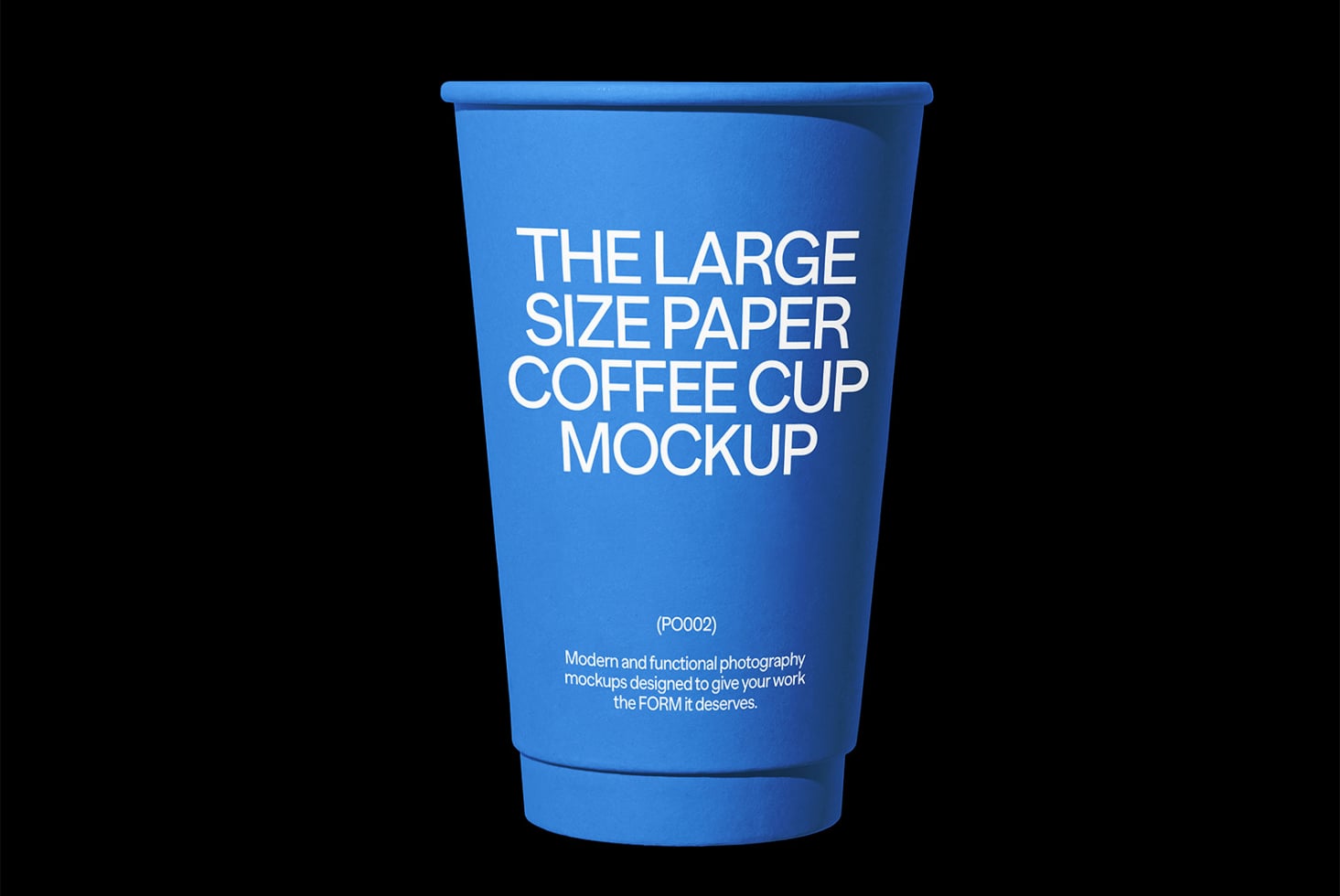 Blue disposable cup mockup with white typography on dark black background