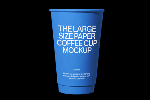 Blue disposable cup mockup with white typography on dark black background