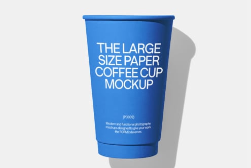 Bright blue paper coffee cup mockup with white text on white background